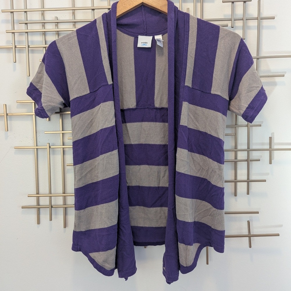VTG Y2K Striped Short Sleeve Open Front Cardigan Sweater Shrug Purple Gray Sz M